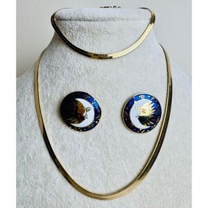 Celestial Sun Moon Enamel Earrings Gold Tone Herringbone Necklace Bracelet Set
